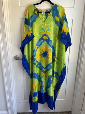 Vintage Saybury Kaftan Maxi Dress One Size Green Blue Floral‎ Psychedelic Muumuu